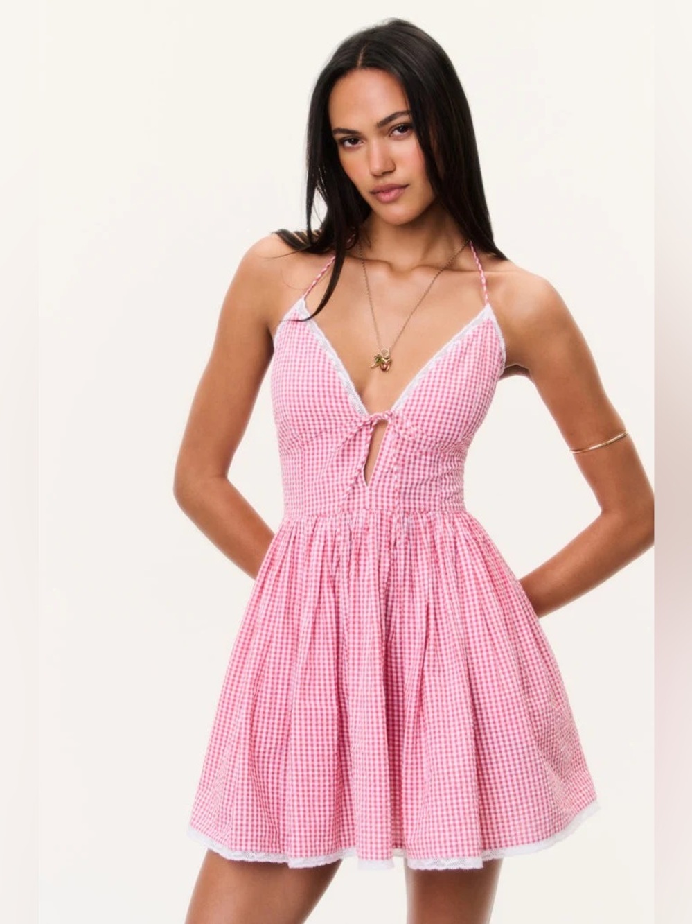 LoveShackFancy Red Gingham Smocked Halter Mini Dress